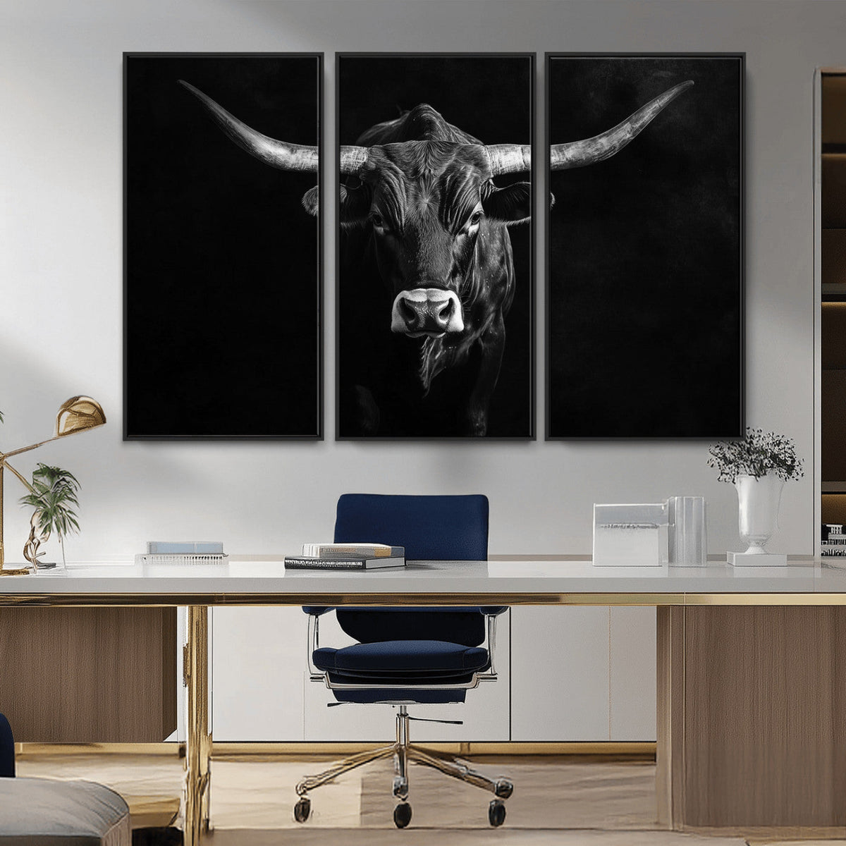 Texas Longhorn Wall Art Canvas Print – Framed Monochrome
