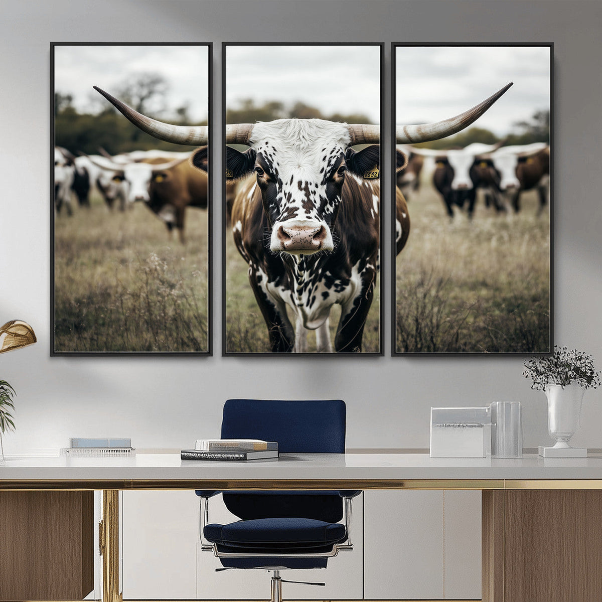 Texas Longhorn Wall Art – Framed Speckled Cow Canvas