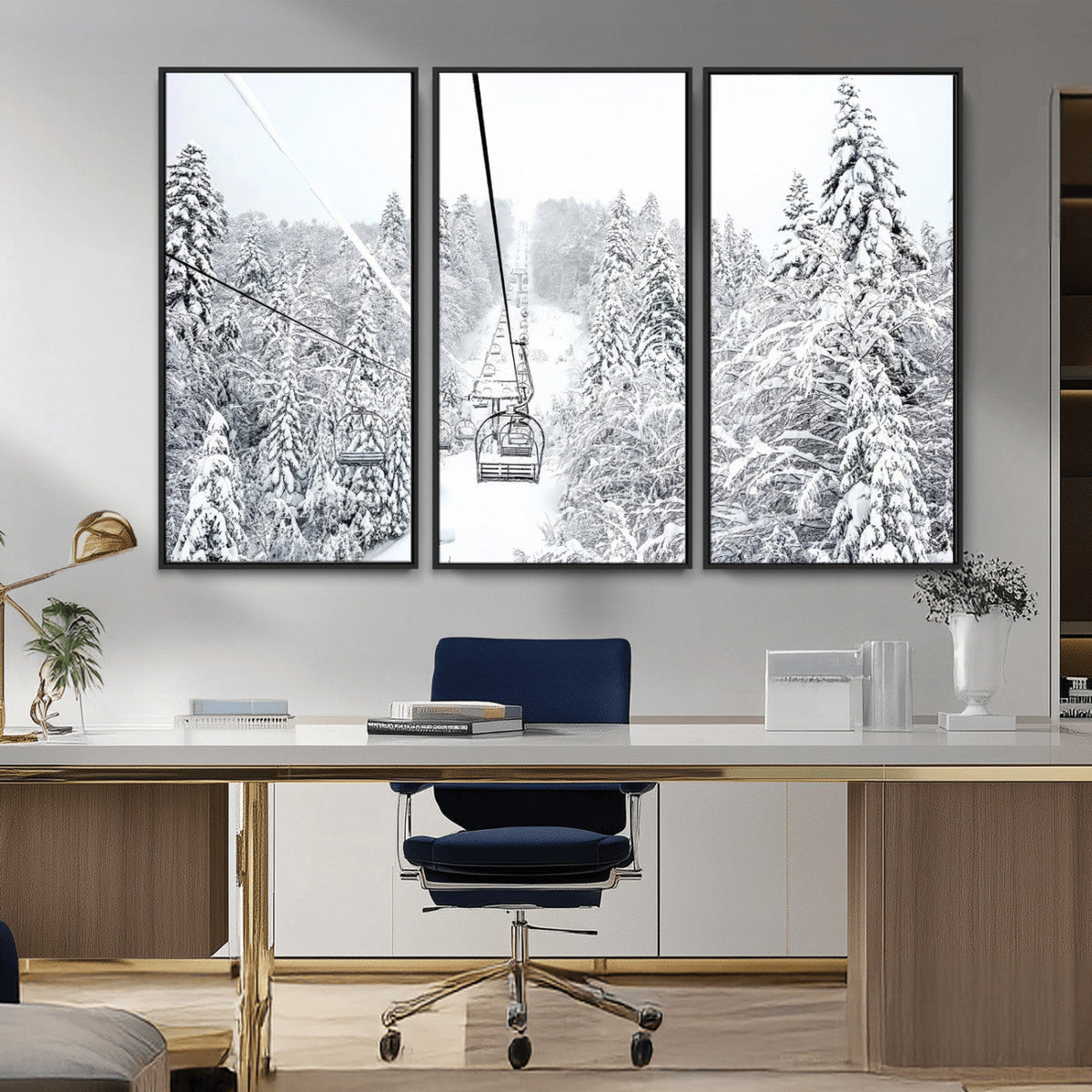 Snowy Ski Lift Wall Art – Framed Winter Mountain Canvas