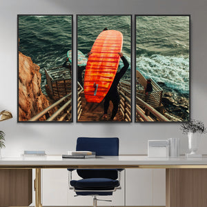 Surfer Stairway Wall Art – Framed Ocean Surf Canvas Artwork,