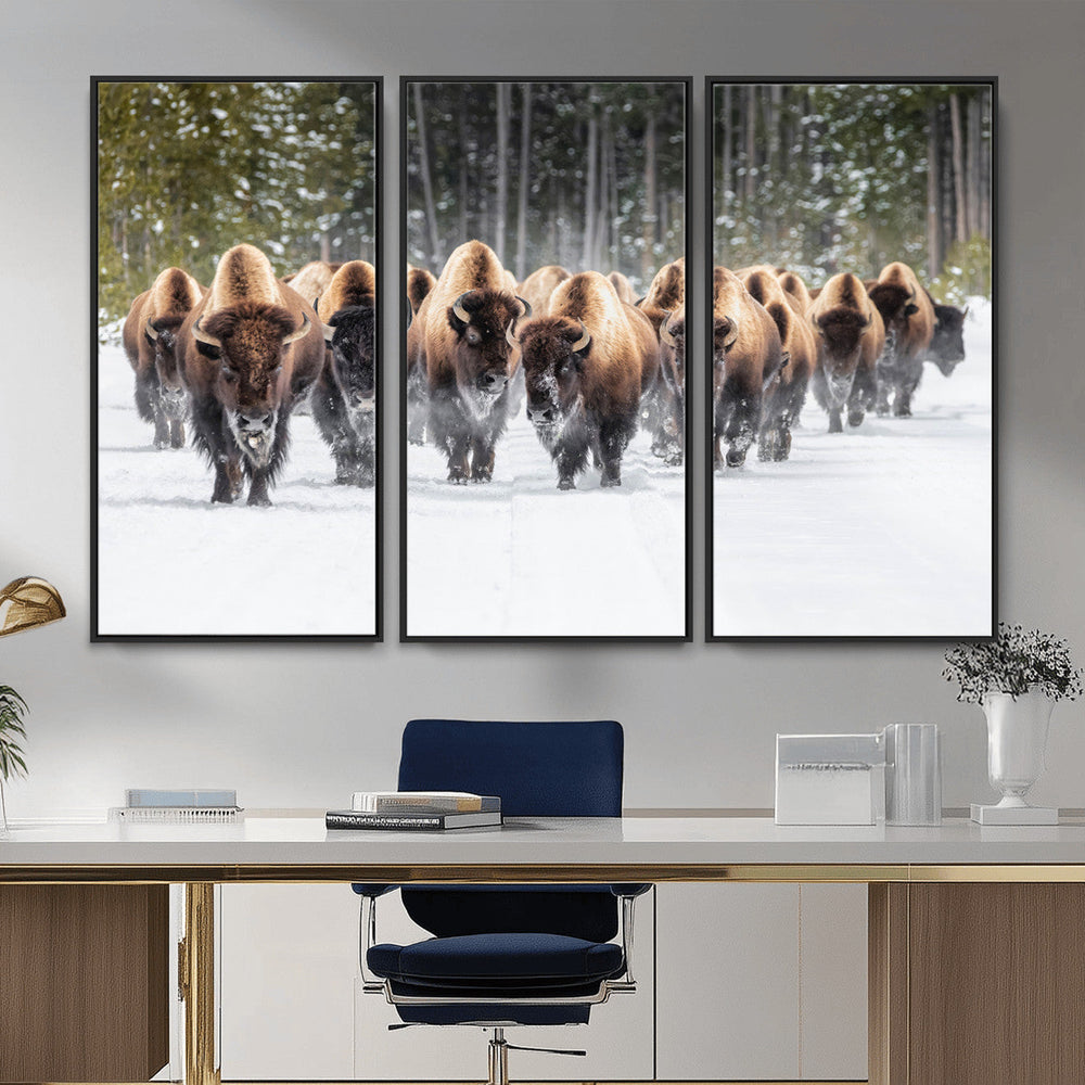 American Bison Herd Wall Art Canvas Print – Powerful Winter