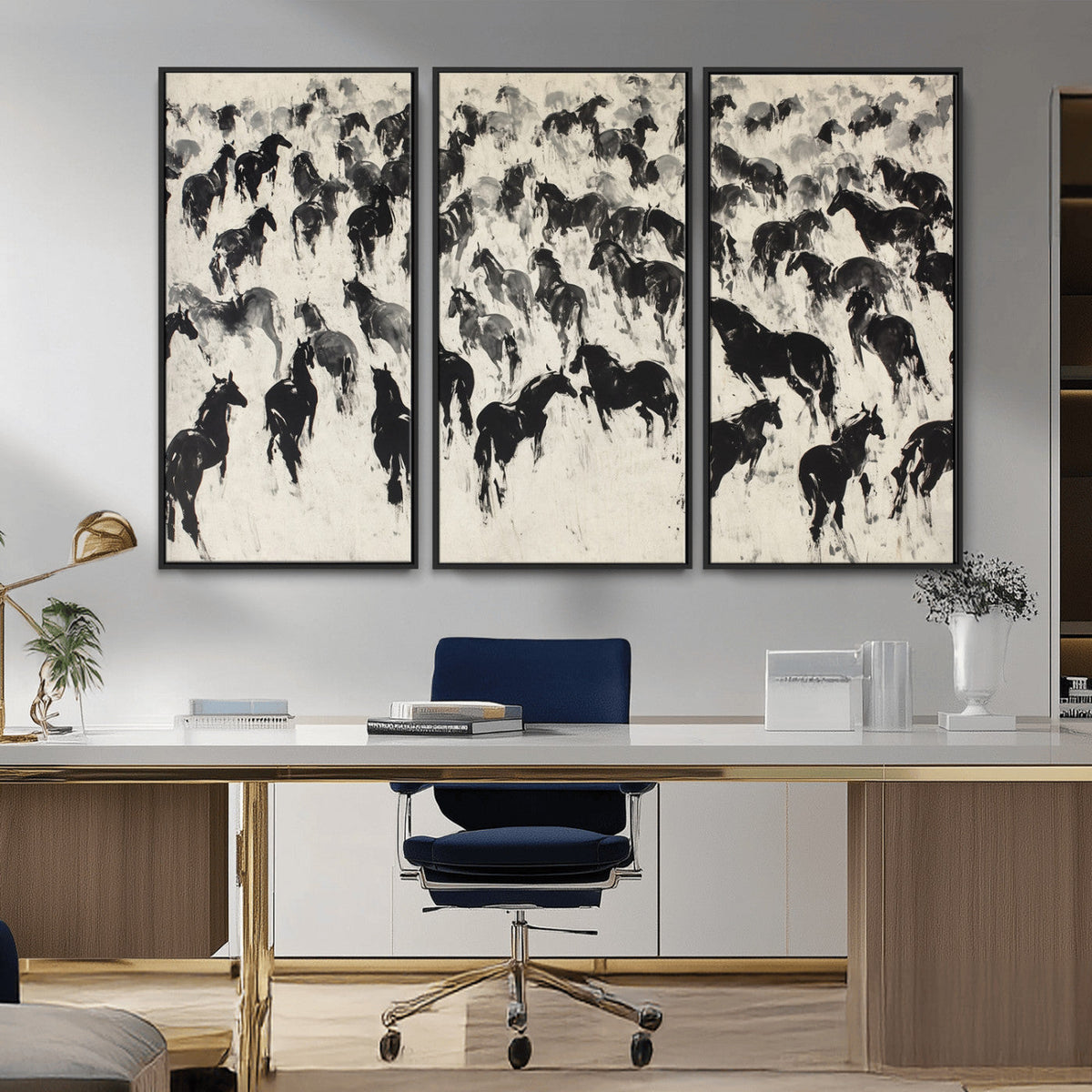 Wild Horse Stampede Wall Art Canvas Print – Monochrome