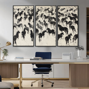Wild Horse Stampede Wall Art Canvas Print – Monochrome