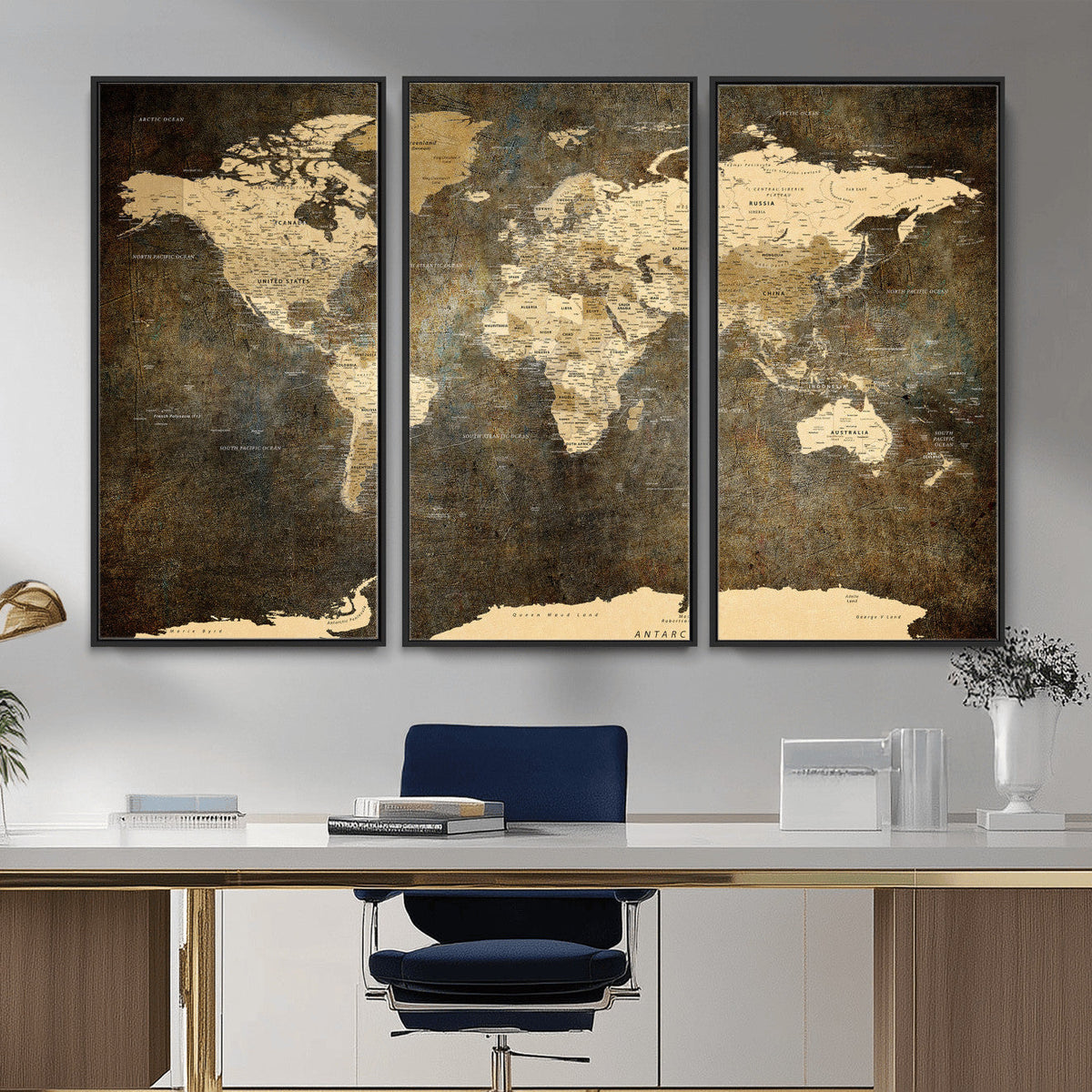 Large Framed Vintage World Map Wall Art Print for Home Wall