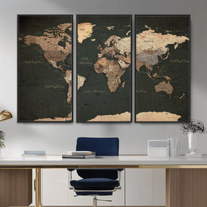 Vintage World Map Canvas Wall Art – Framed Travel Map for