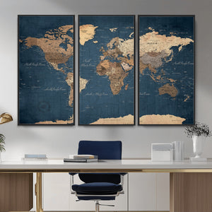 Navy Blue World Map Canvas Print – Framed Travel Map Wall
