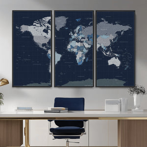 Blue Detailed World Map Wall Art Canvas Print, Modern Framed