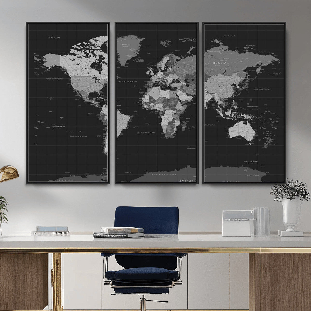 Black World Map Wall Art Canvas Print – Detailed Map of the