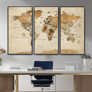 Rustic Vintage World Map Canvas Print – Framed Modern
