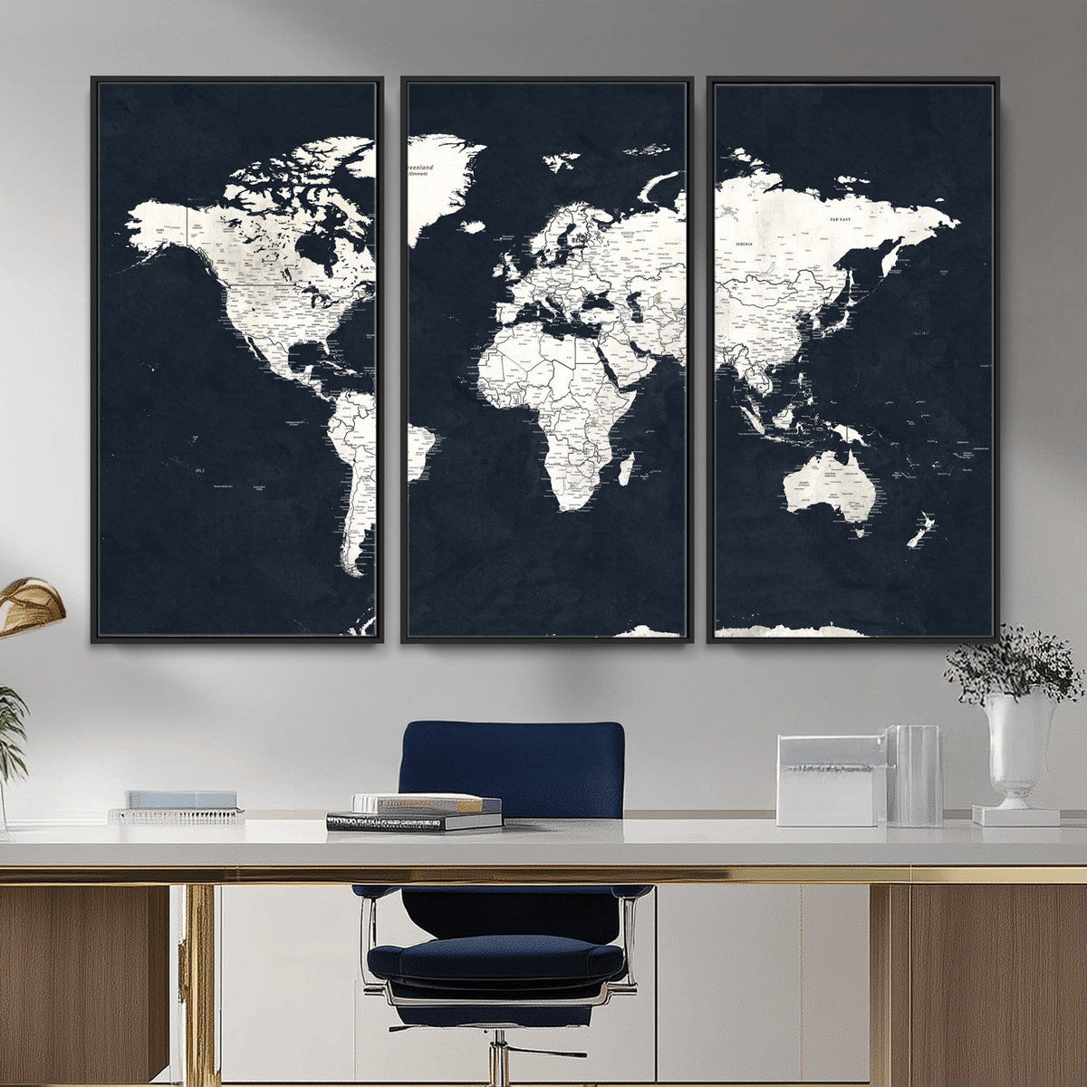 Black World Map Wall Art Canvas Print for Home Office and
