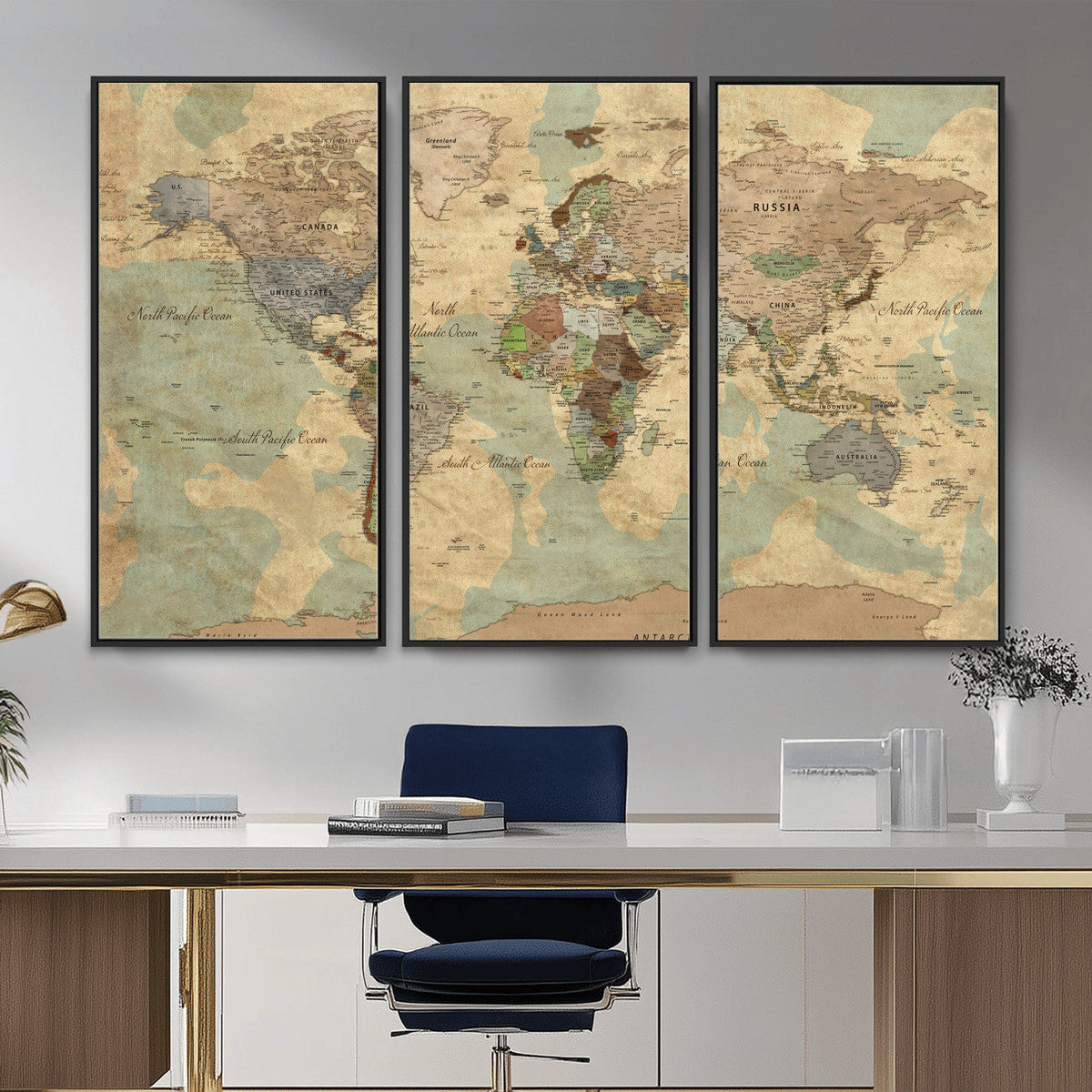 Vintage World Map Wall Art | Ready to Hang and Framed
