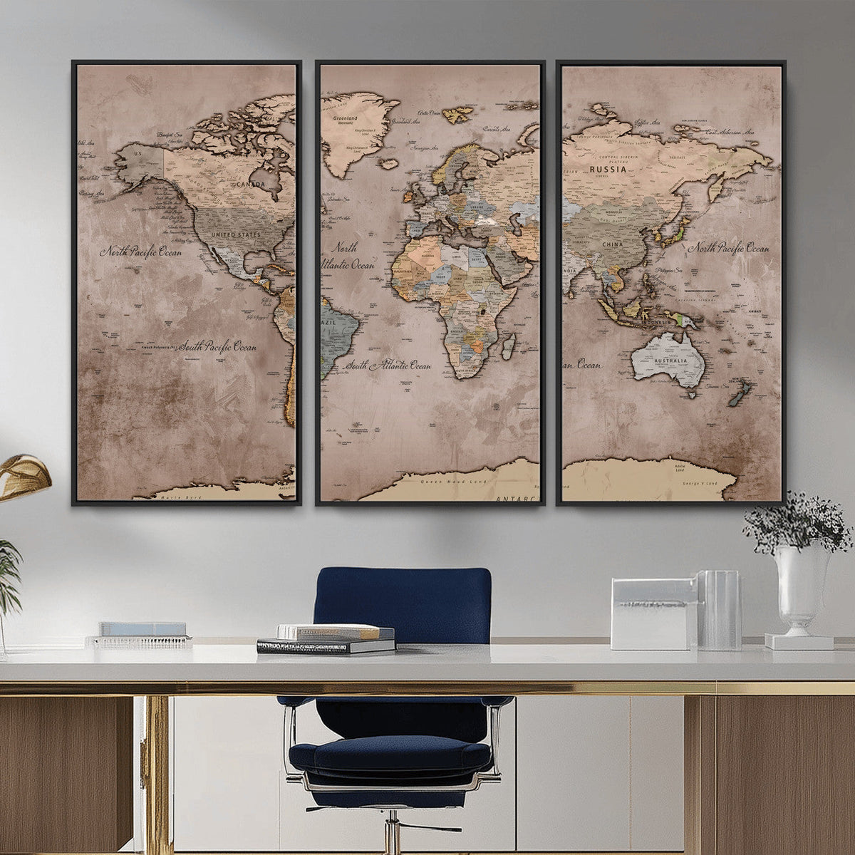 Grunge World Map Canvas Wall Art - Vintage Aged World Map