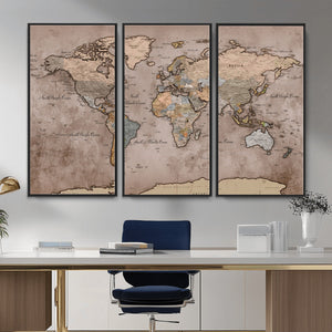 Grunge World Map Canvas Wall Art - Vintage Aged World Map
