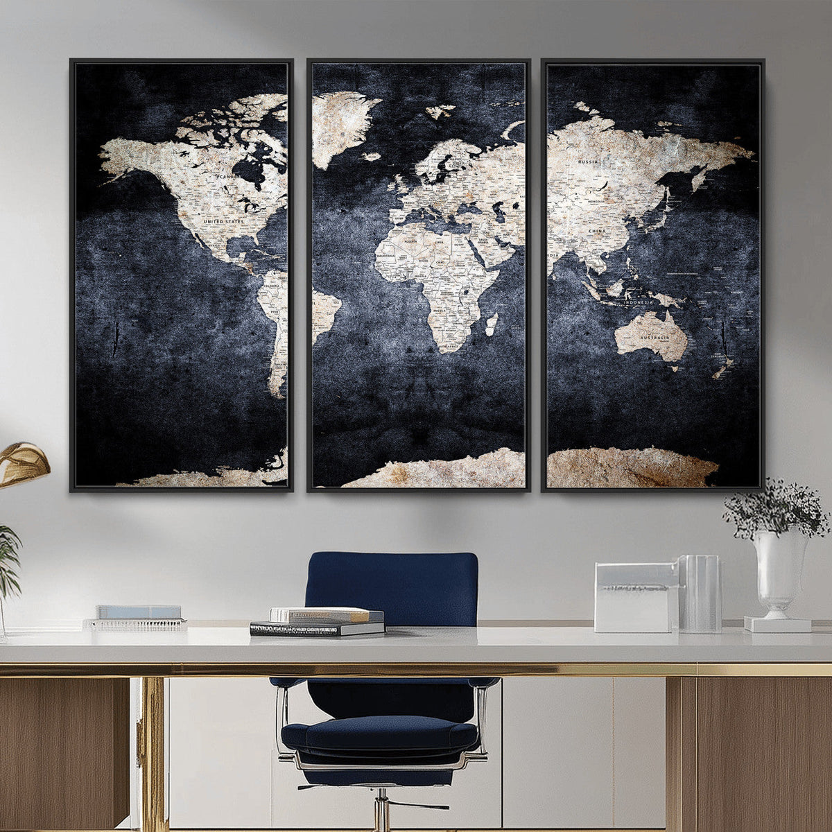 Vintage World Map Canvas Wall Art – Antique Triptych Map