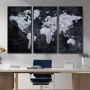 Black World Map Canvas Print – Detailed Map for Couples and