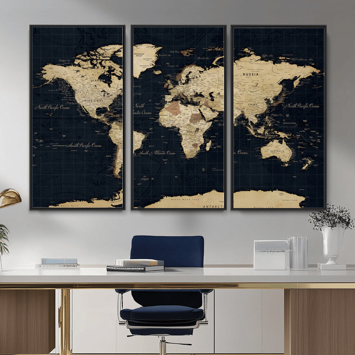 Dark World Map Canvas Wall Art Print, Minimal Black and Gold
