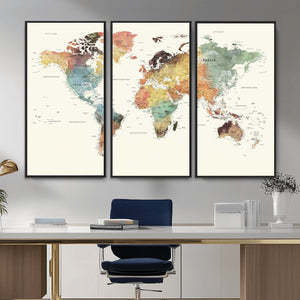 Framed World Map Wall Art Canvas Print for Living Room and