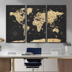 Vintage Blue and Brown World Map Canvas Wall Art – Framed