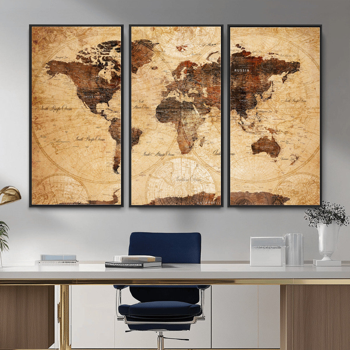 Modern Red and Gray World Map Canvas Print – Framed Wall Art