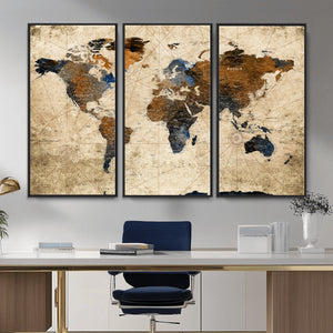 World Map Wall Art – Rustic Earth Tone Canvas Print, Antique