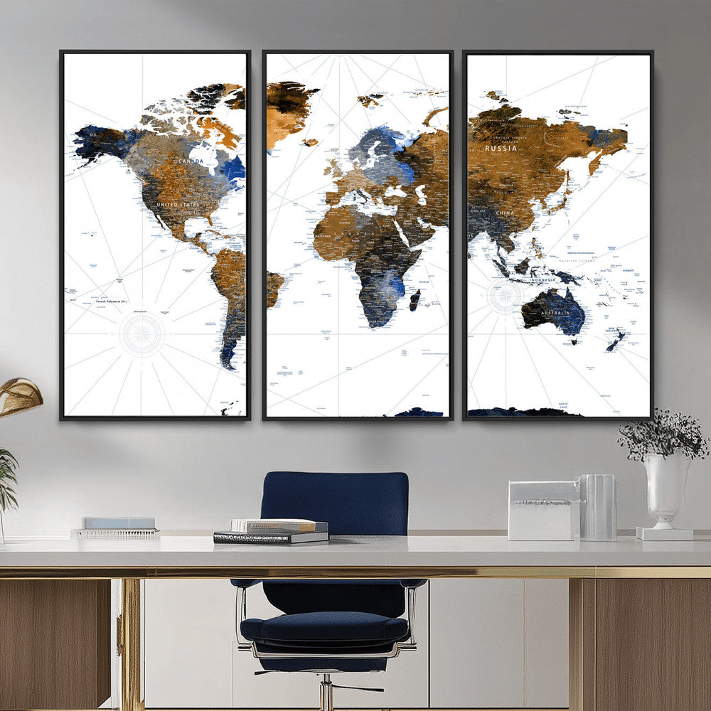 World Map Wall Art Canvas Print, Modern Decorative Framed