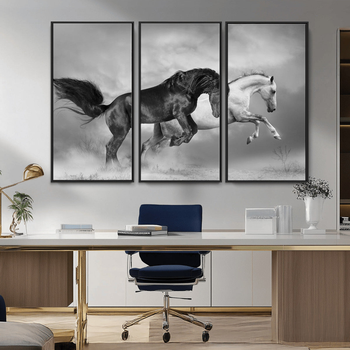 Wild Horses Wall Art Canvas Print – Framed Black and White
