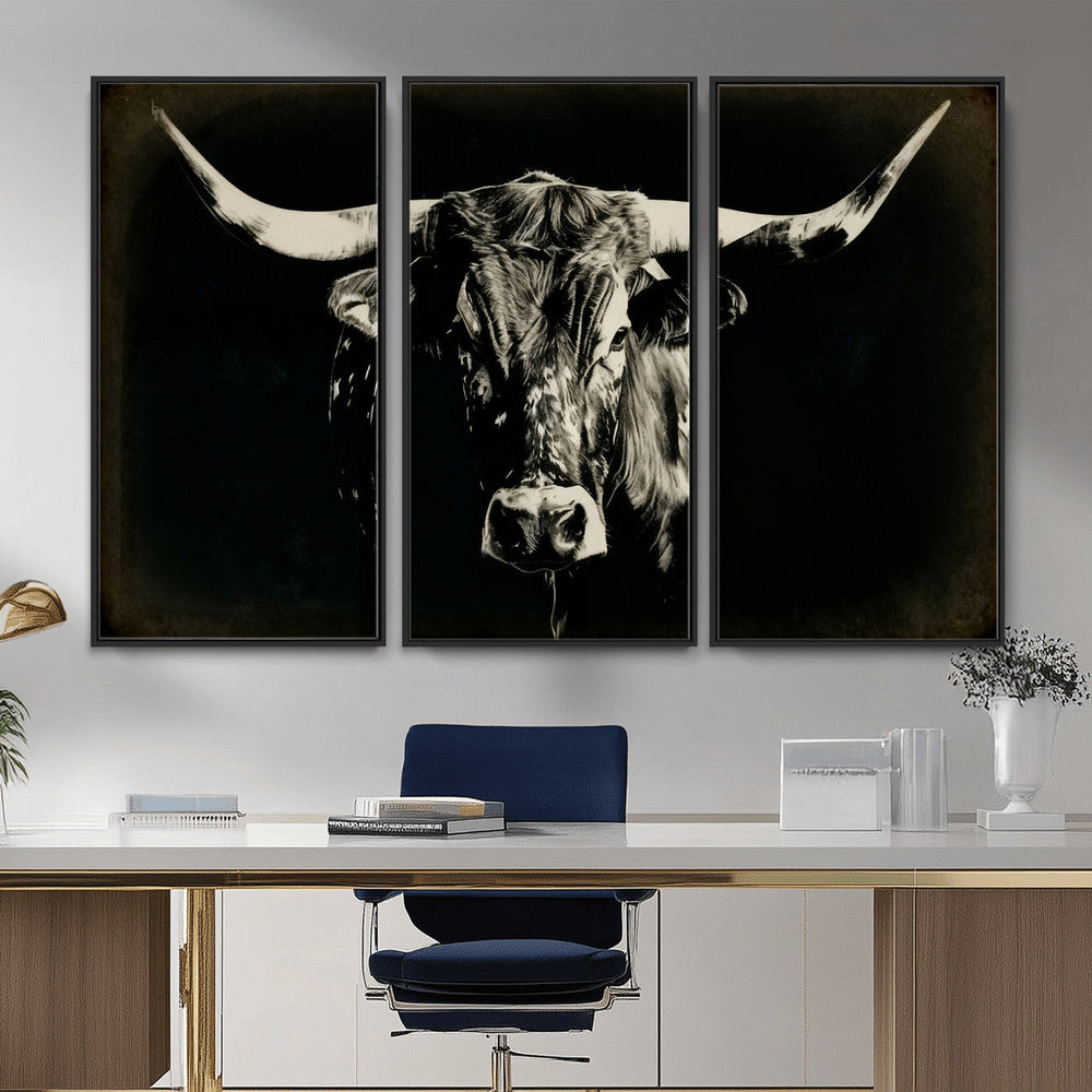 Black Bull Wall Art Canvas Print, Texas Longhorn Portrait