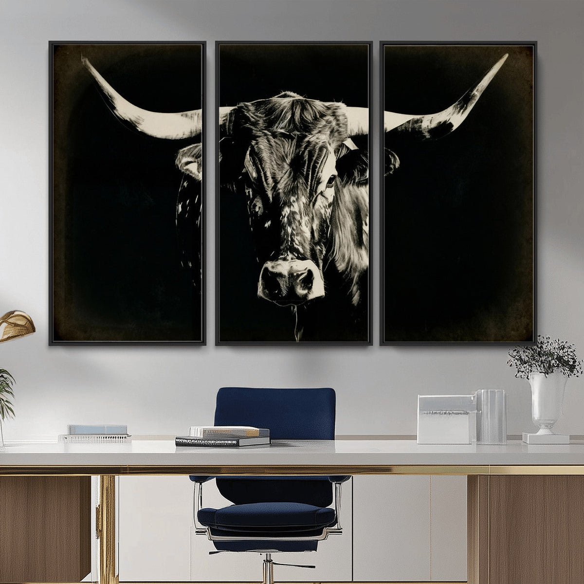 Black Bull Wall Art Canvas Print, Texas Longhorn Portrait