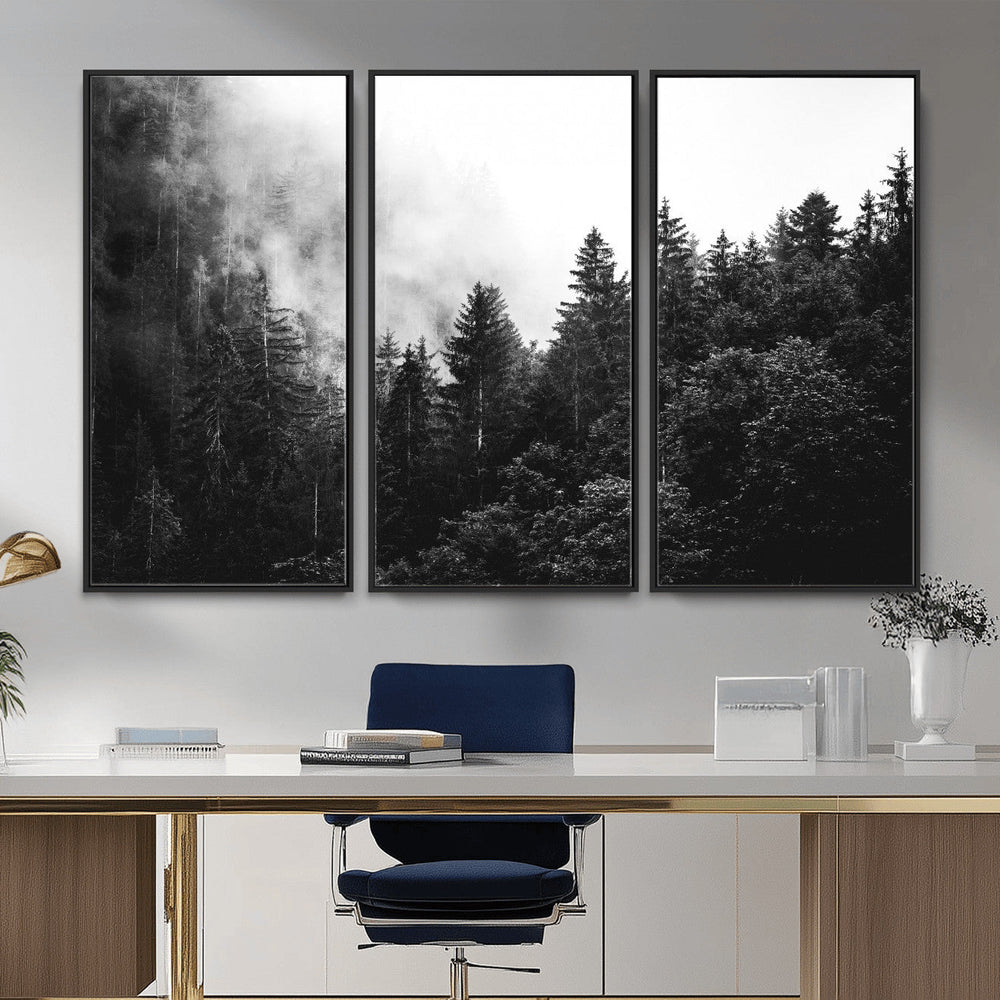 Black White Forest Wall Art Canvas Print, Misty Pine Tree