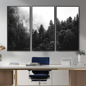 Black White Forest Wall Art Canvas Print, Misty Pine Tree