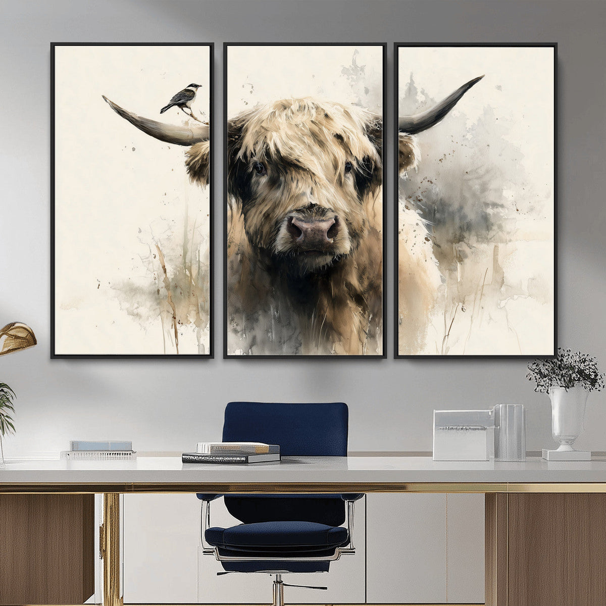 Abstract Highland Cow Wall Art Canvas Print, Rustic Farm