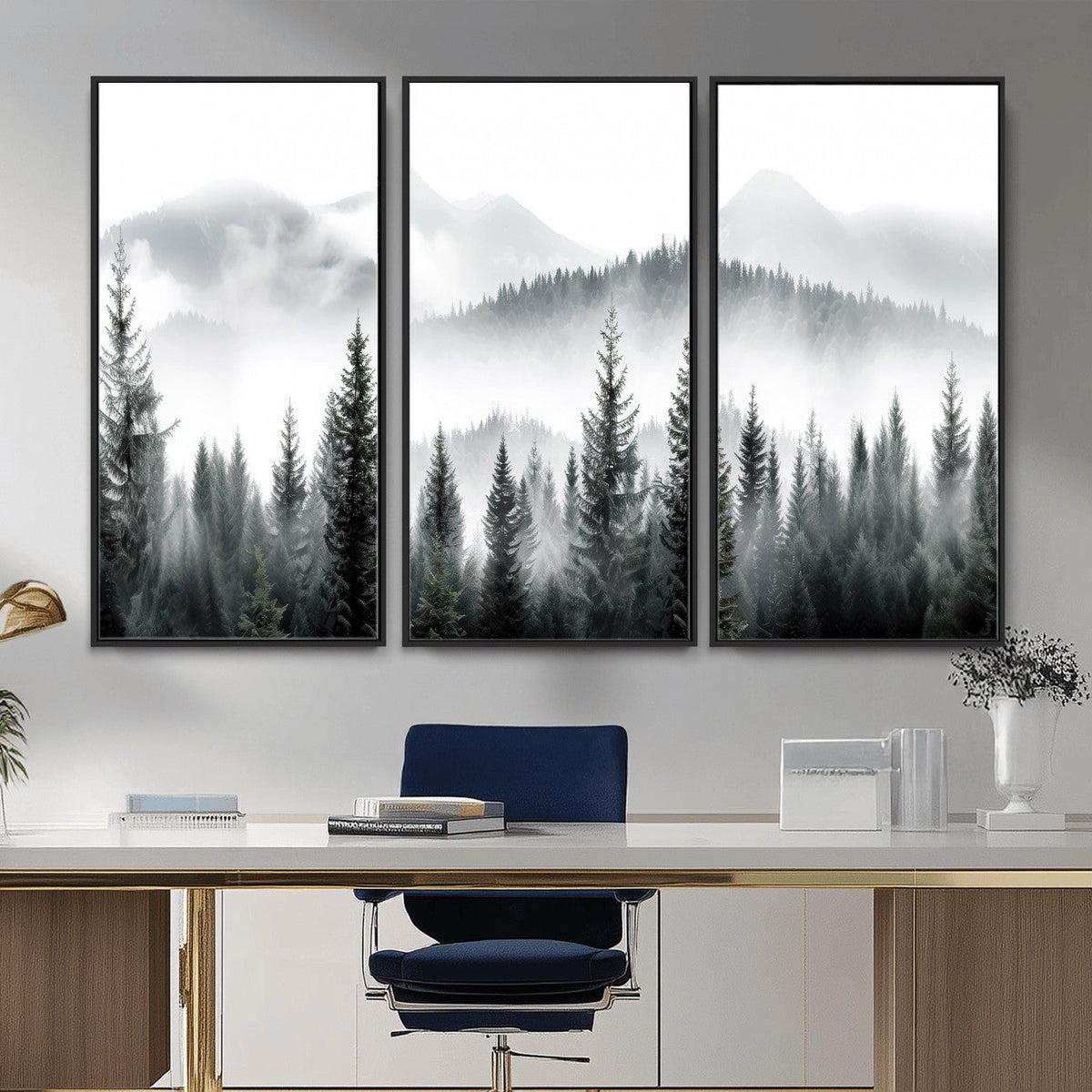 Misty Pine Forest Mountain Landscape Wall Art Canvas Print