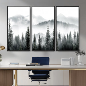 Misty Pine Forest Mountain Landscape Wall Art Canvas Print