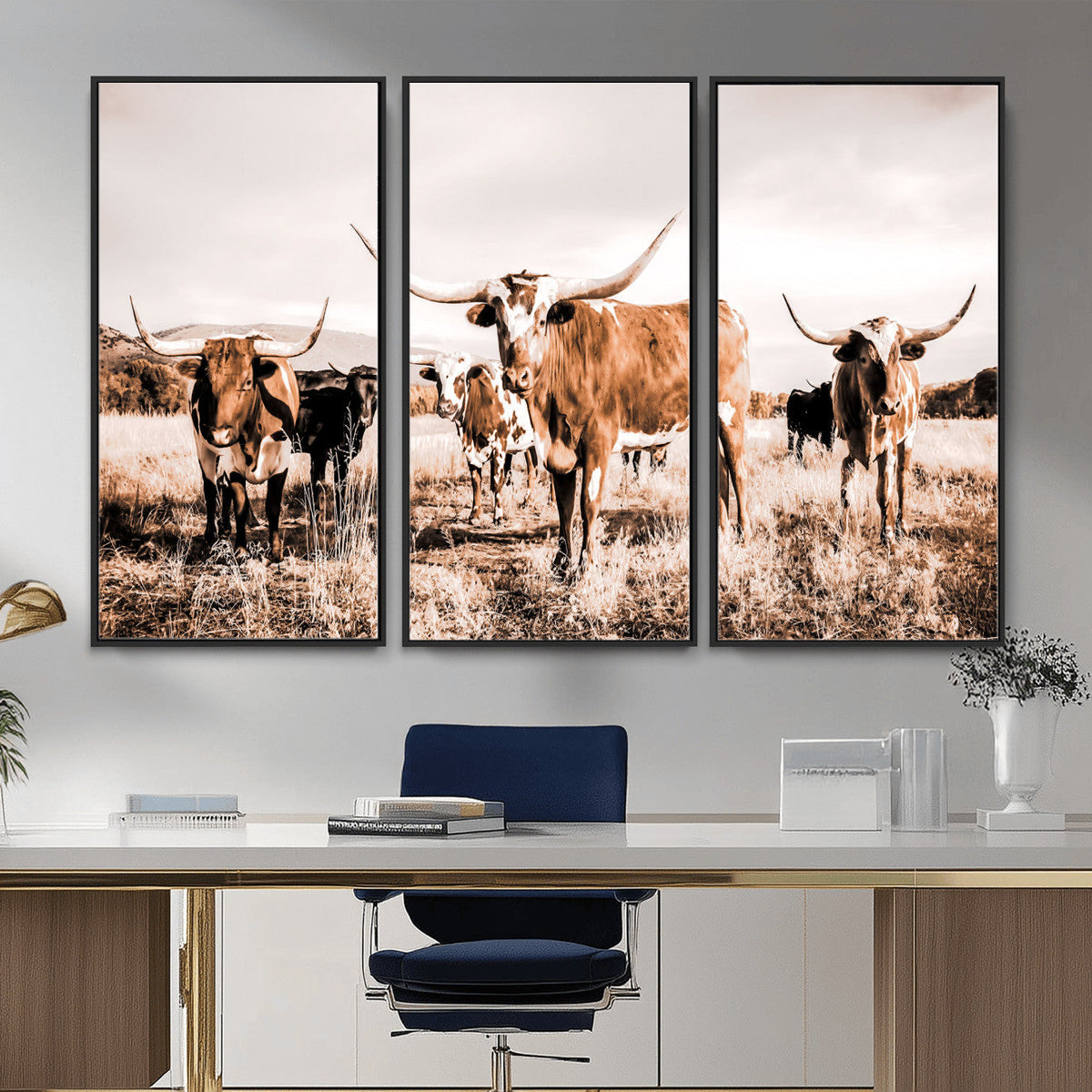 Texas Longhorn Cattle Wall Art Canvas Print, Sepia Western