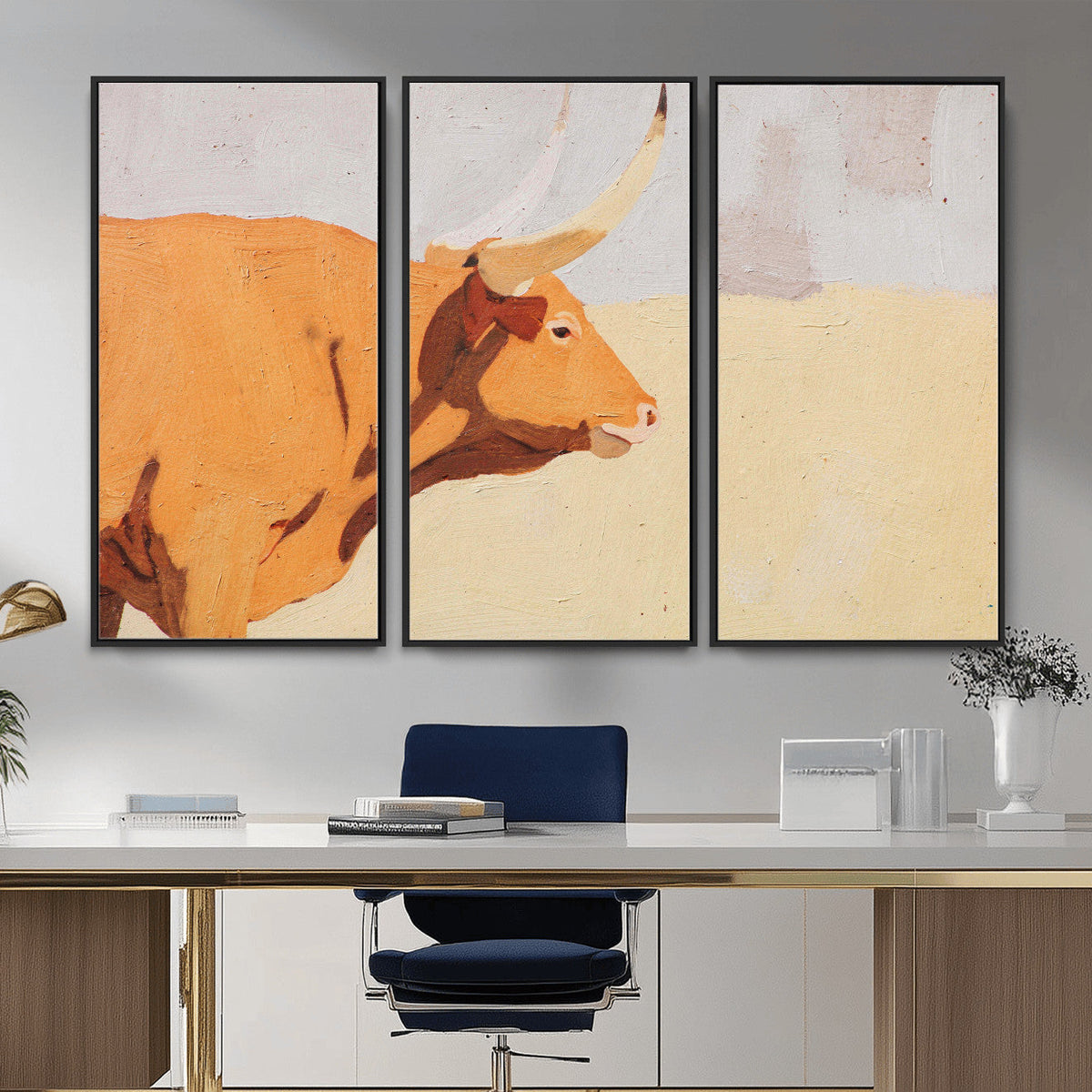 Minimal Longhorn Bull Wall Art Canvas Print, Neutral Western