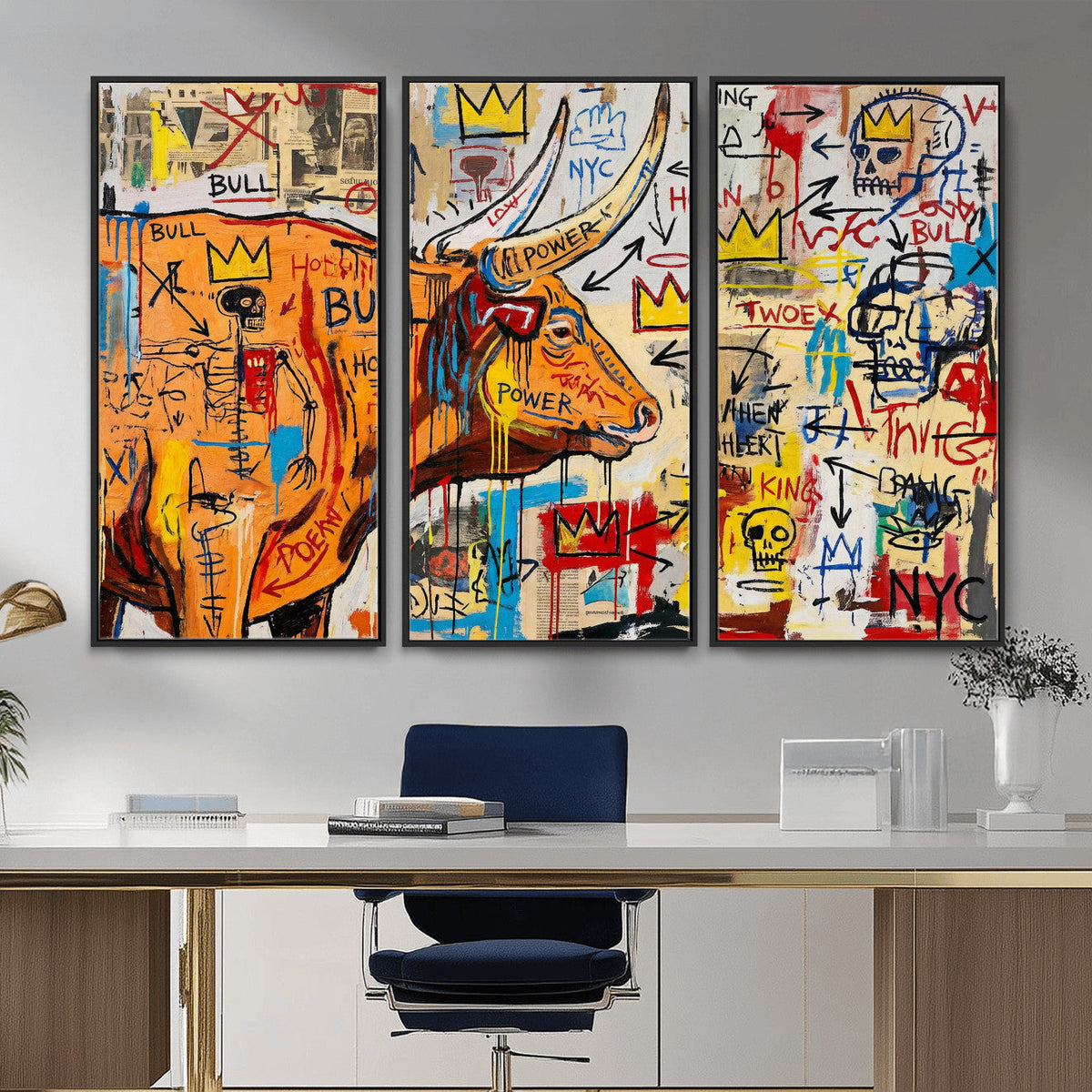 Basquiat Style Bull Graffiti Wall Art Canvas Print, Street