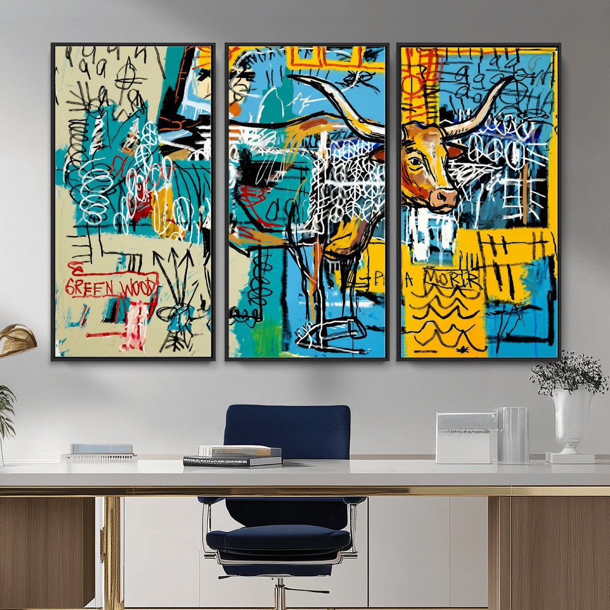 Basquiat Style Bird Bull Graffiti Wall Art Canvas Print,