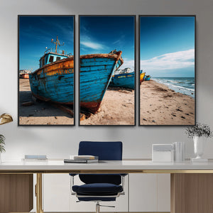Coastal Fishing Boats Wall Art Canvas Print, Sunset Beach