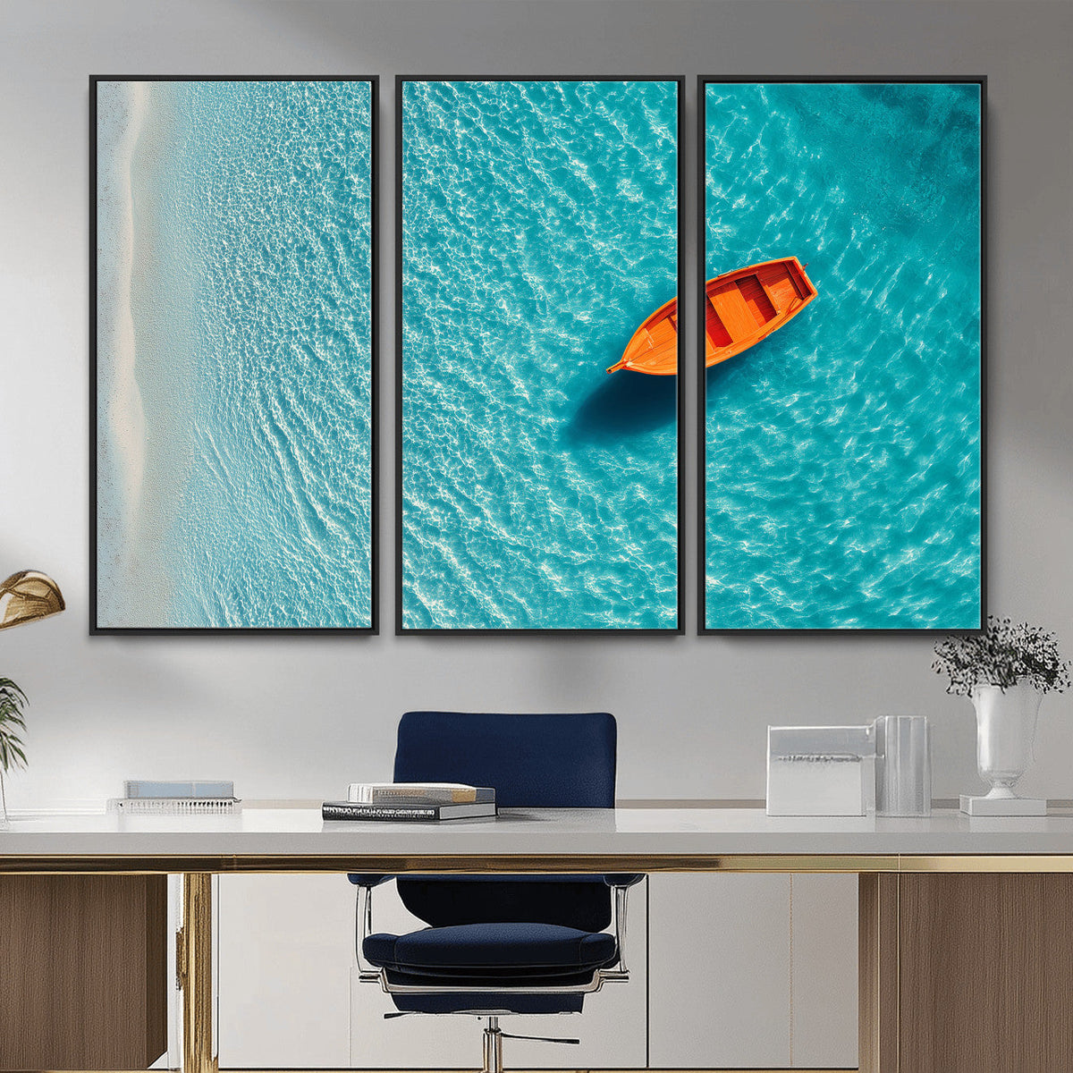 Minimalist Boat Wall Art Canvas Print, Aerial Sea Landscape