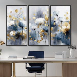 Large Abstract Flowers Wall Art Canvas Print – Gold and Blue