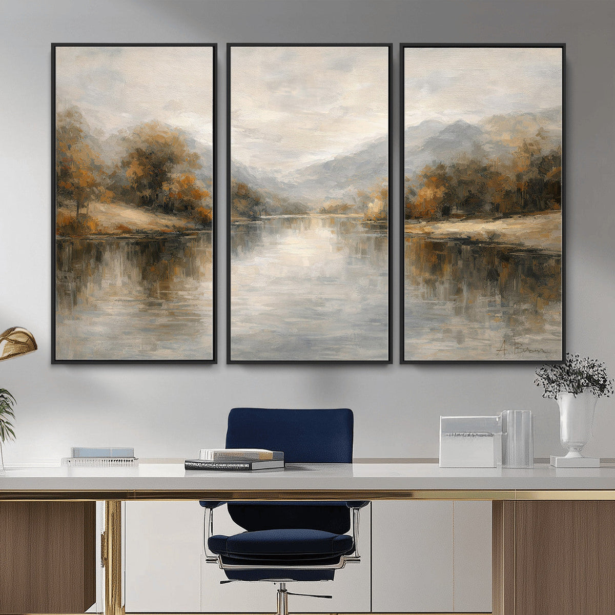 Neutral Abstract River Landscape Wall Art Canvas Print