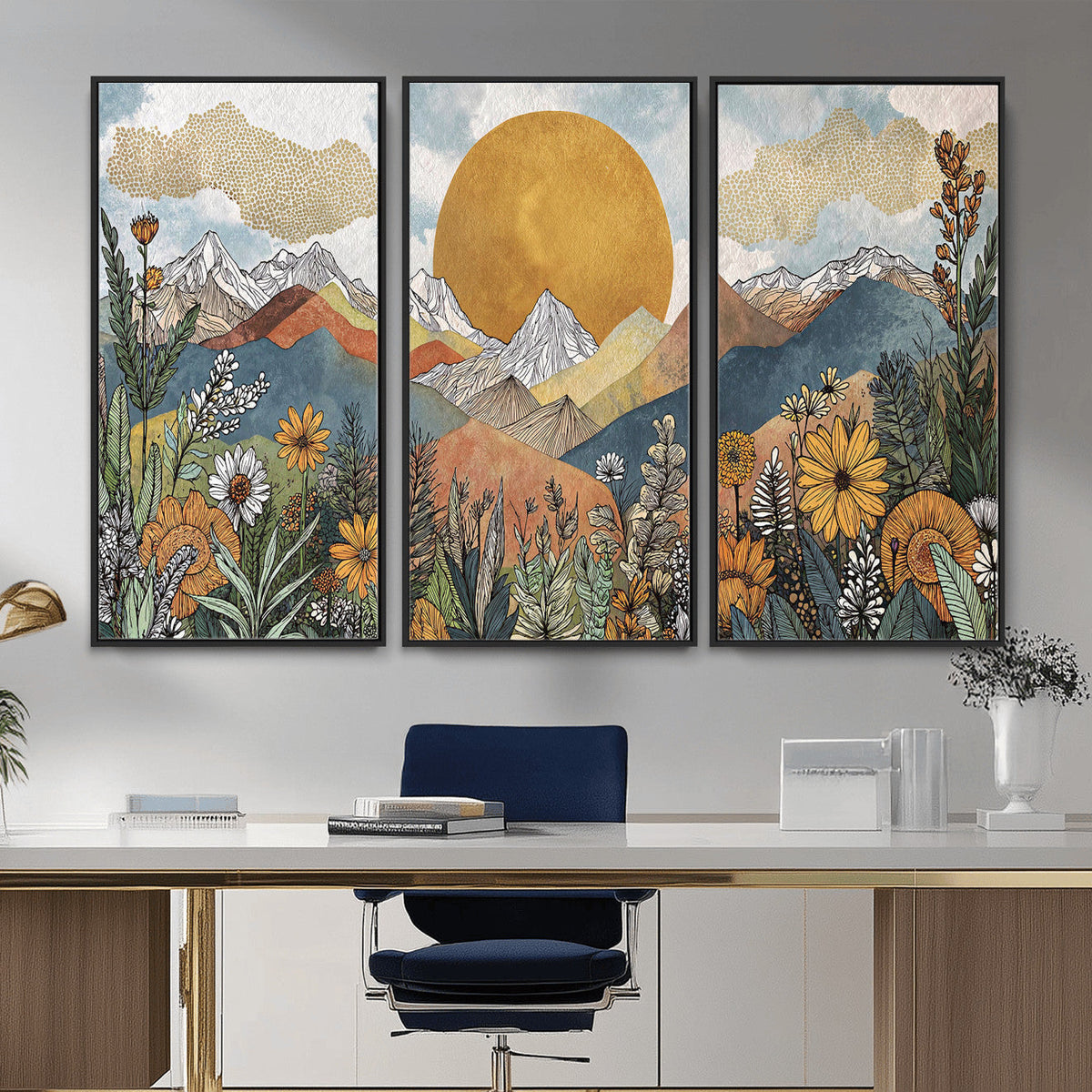 Boho Mountain Landscape Large Wall Art, Horizontal Gold