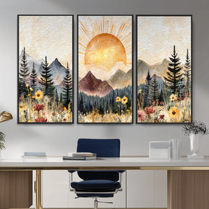 Boho Mountain Landscape Large Wall Art, Horizontal Gold