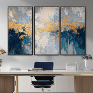 Blue Gold Abstract Large Framed Canvas Wall Art, Modern