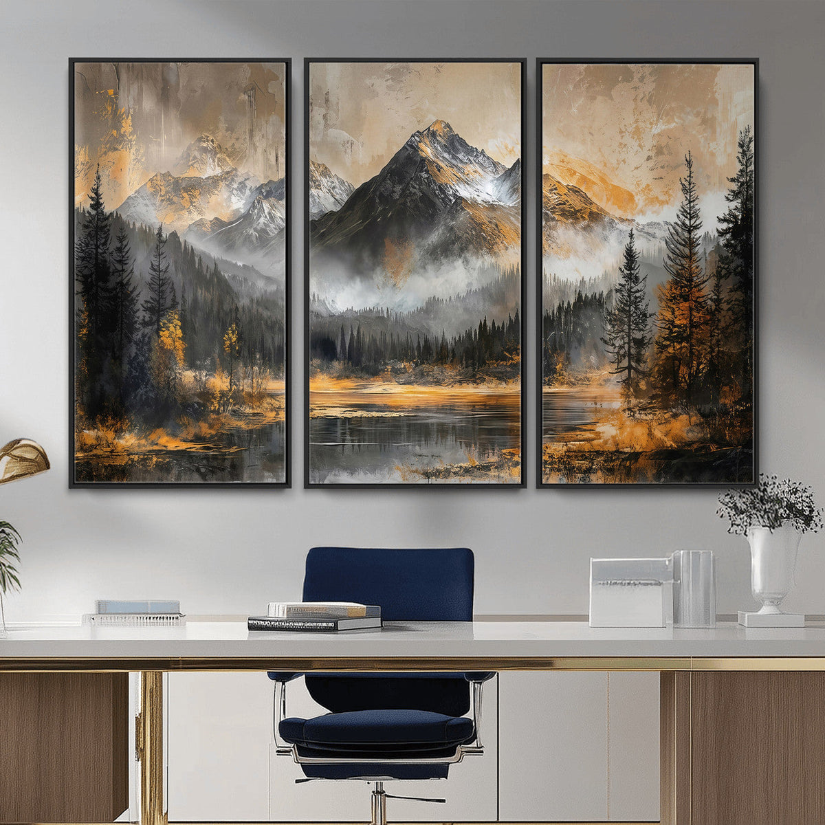 Mountain Lake Canvas Wall Art — Rustic Forest Landscape
