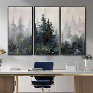 Misty Pine Forest Oil Painting Canvas — Dark Moody Teal Grey