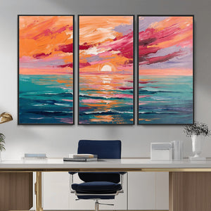 Bold Palette Knife Ocean Sunset Canvas — Orange Pink Teal