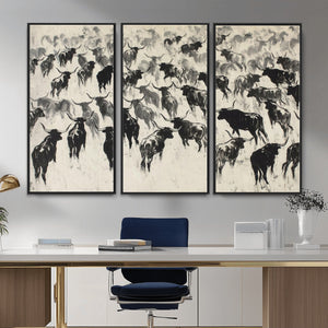Longhorn Cattle Canvas Wall Art, Black White Stampede Ink