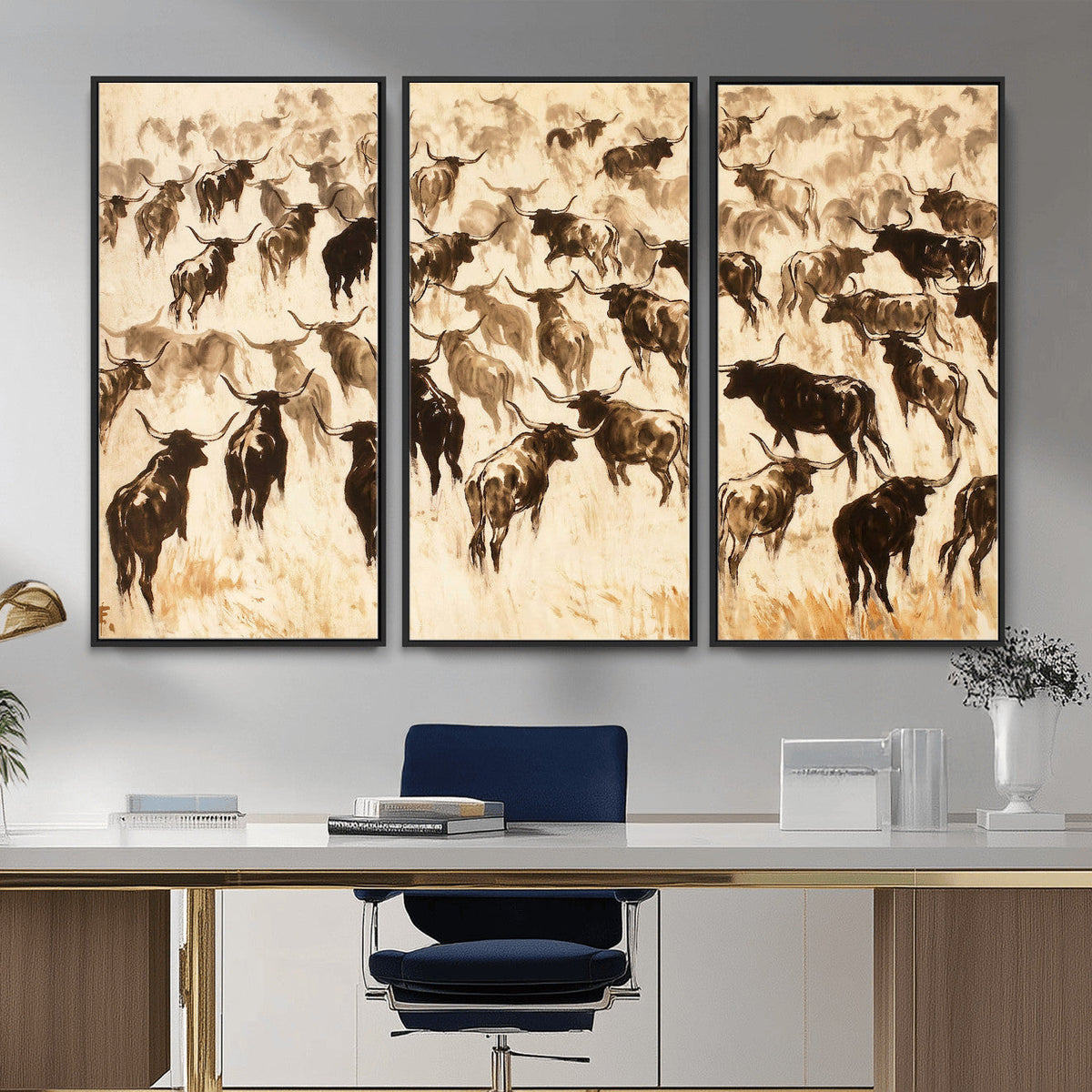Texas Longhorn Sepia Canvas Wall Art, Western Cattle