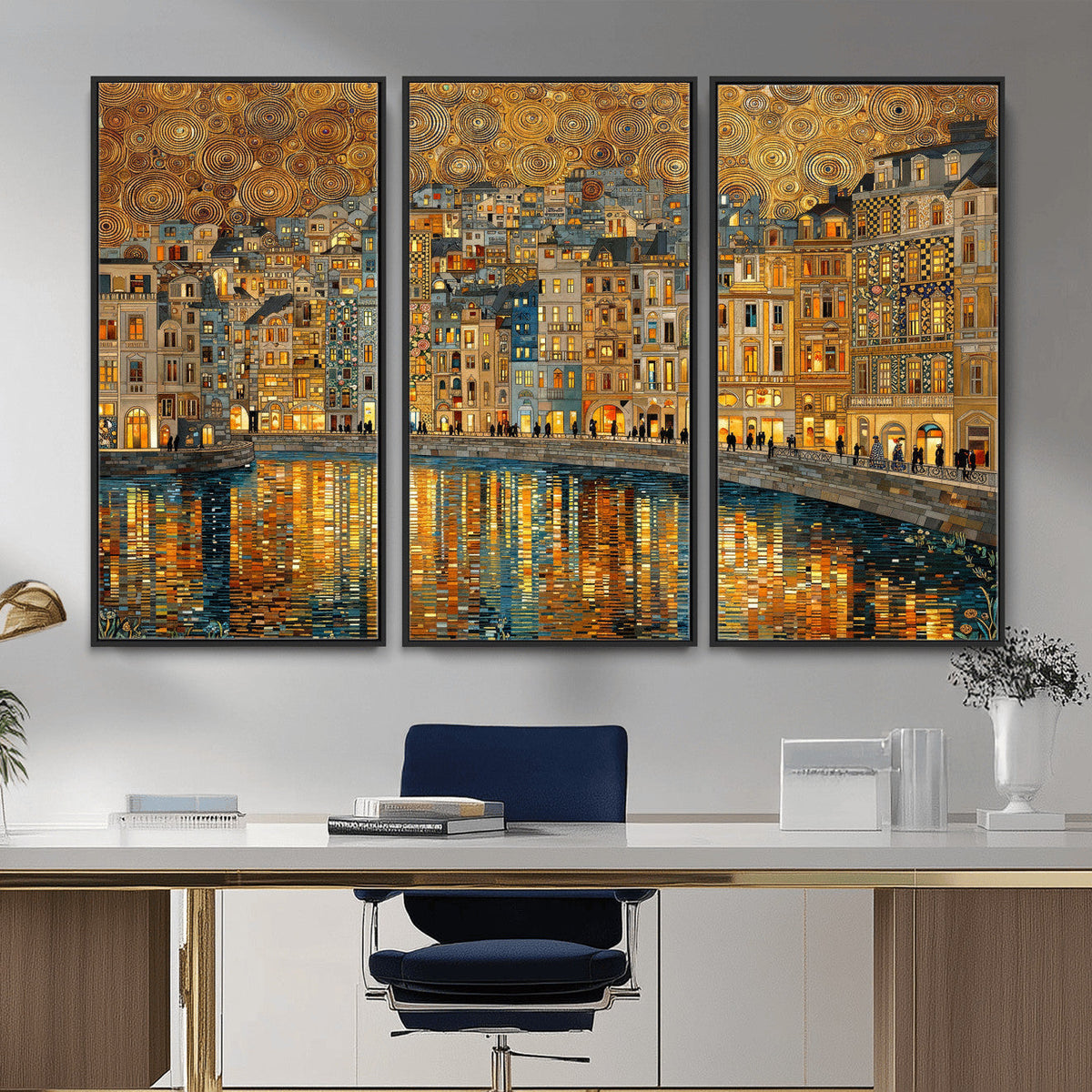 Gustav Klimt Golden Cityscape Wall Art Canvas Print, Framed
